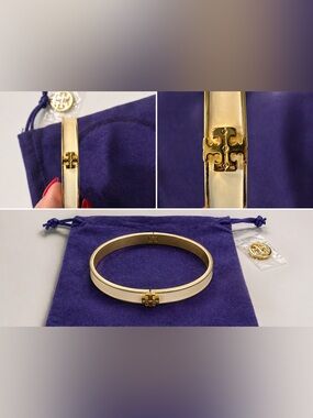Tory Burch Cream Enamel and Gold Logo Hinge Bangle